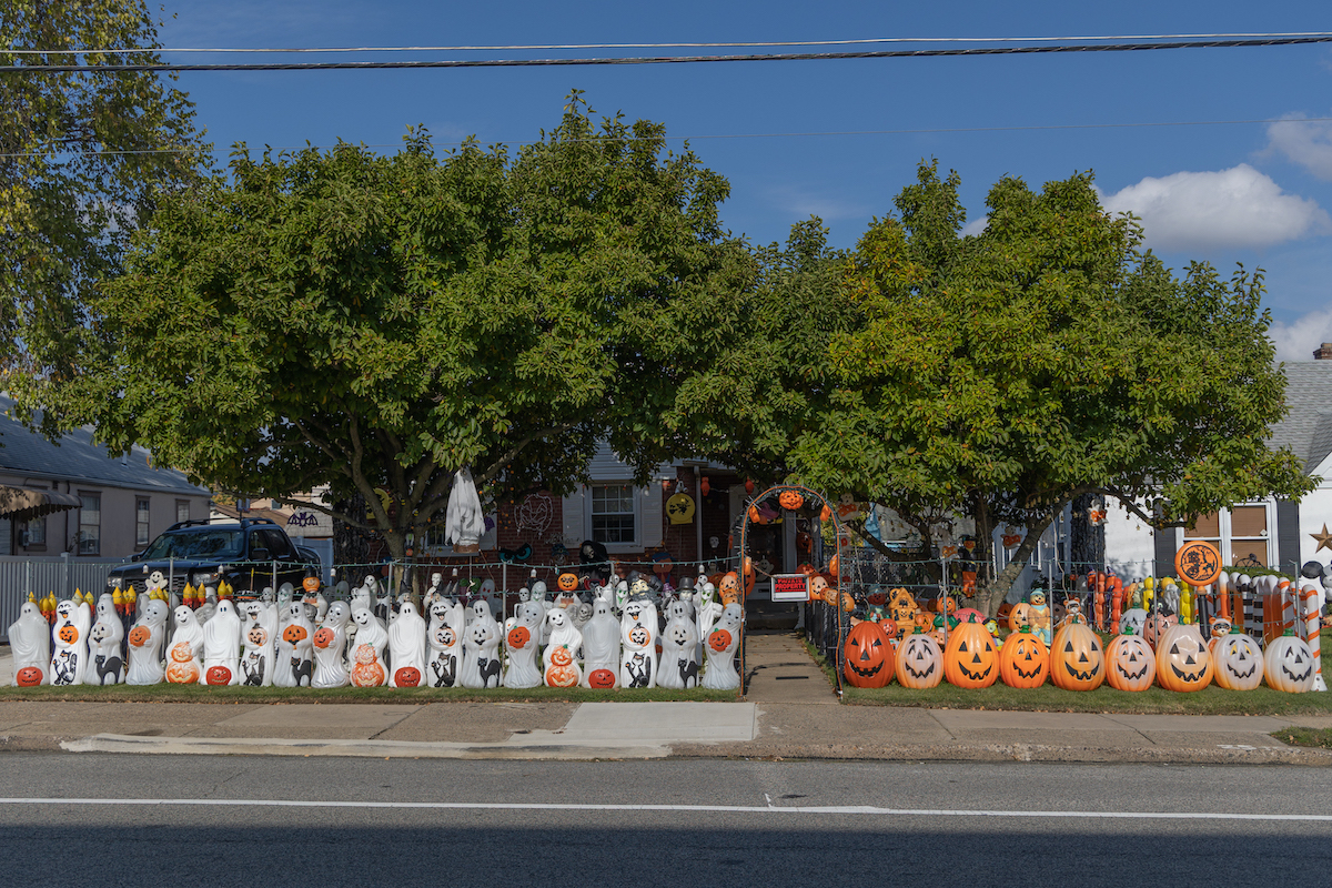 Light-up figurines fill a front yard in Northeast Philadelphia.