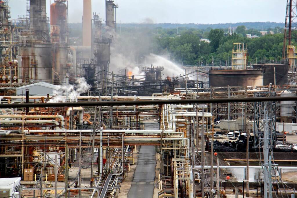 2019-06-21-e-lee-philadelphia-energy-solutions-refinery-explosion-and-fire-4-1920×1280 newsl A fire burns at the Philadelphia Energy Solutions refinery in June 2019, hours after a series of early morning explosions at the 150-year-old industrial complex at 3100 W. Passyunk Ave. (Emma Lee / WHYY)