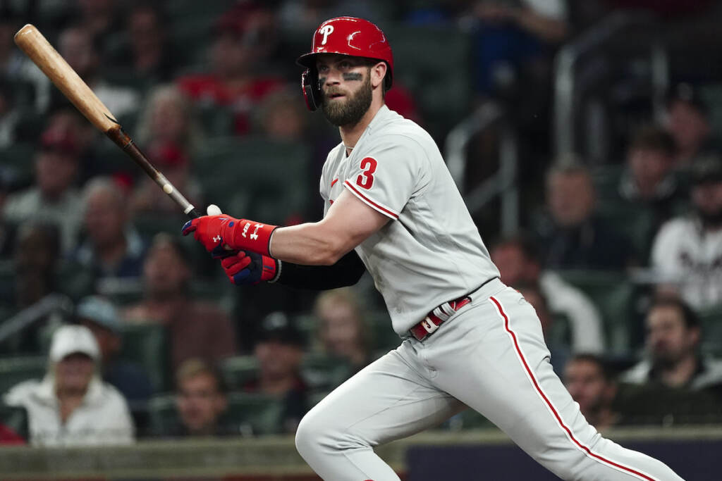 NLDS Phillies Braves Baseball Philadelphia Phillies designated hitter Bryce Harper (3) hits a double during the second inning in Game 2 of baseball's National League Division Series between the Atlanta Braves and the Philadelphia Phillies, Wednesday, Oct. 12, 2022, in Atlanta. (AP Photo/John Bazemore)