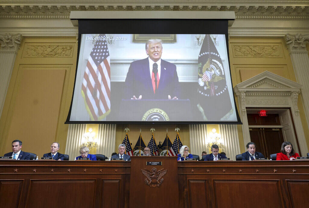 Capitol Riot Investigation A video of then-President Donald Trump speaking is displayed as the House select committee investigating the Jan. 6 attack on the U.S. Capitol holds a hearing on Capitol Hill in Washington, Thursday, Oct. 13, 2022. (Alex Wong/Pool Photo via AP)