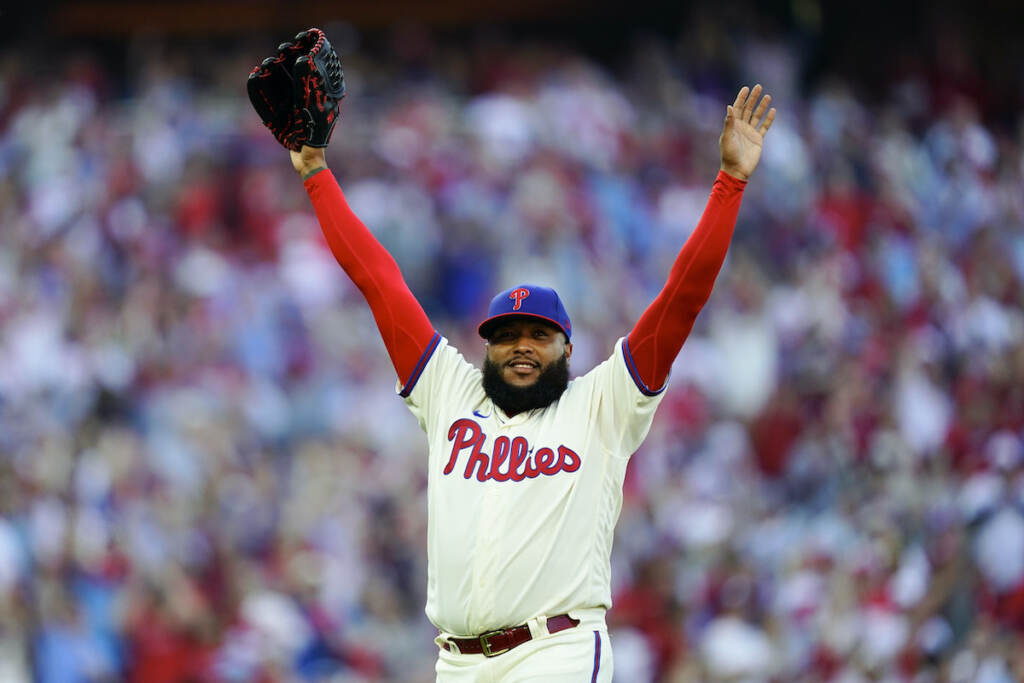 APTOPIX NLDS Phillies Braves Baseball Philadelphia Phillies relief pitcher Jose Alvarado (46) acknowledges the fans after being relieved during the seventh inning in Game 4 of baseball's National League Division Series between the Philadelphia Phillies and the Atlanta Braves, Saturday, Oct. 15, 2022, in Philadelphia. (AP Photo/Matt Rourke)