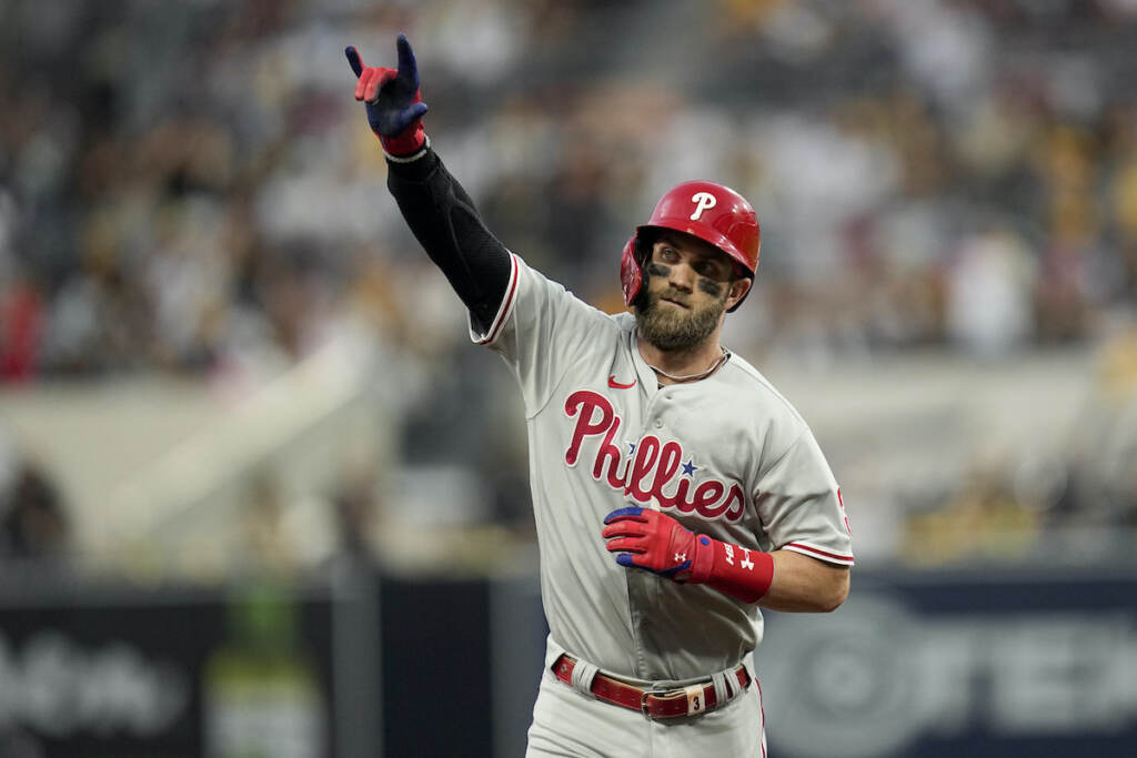 NLCS Phillies Padres Baseball Philadelphia Phillies' Bryce Harper celebrates after a home run