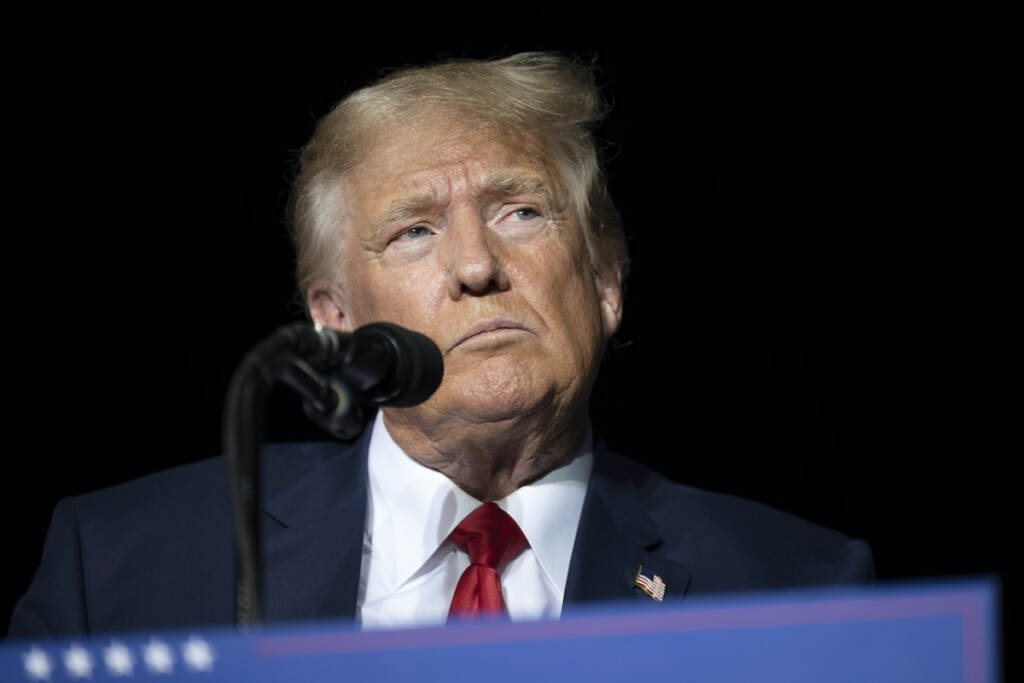 Trump File photo: Former President Donald Trump pauses while speaking at a rally at the Minden Tahoe Airport in Minden, Nev., on Oct. 8, 2022. (AP Photo/José Luis Villegas, Pool, File)