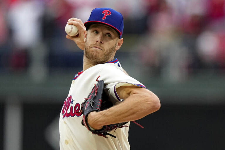 Philadelphia Phillies starting pitcher Zack Wheeler throws during the first inning in Game 5 of the baseball NL Championship Series between the San Diego Padres and the Philadelphia Phillies on Sunday, Oct. 23, 2022, in Philadelphia.