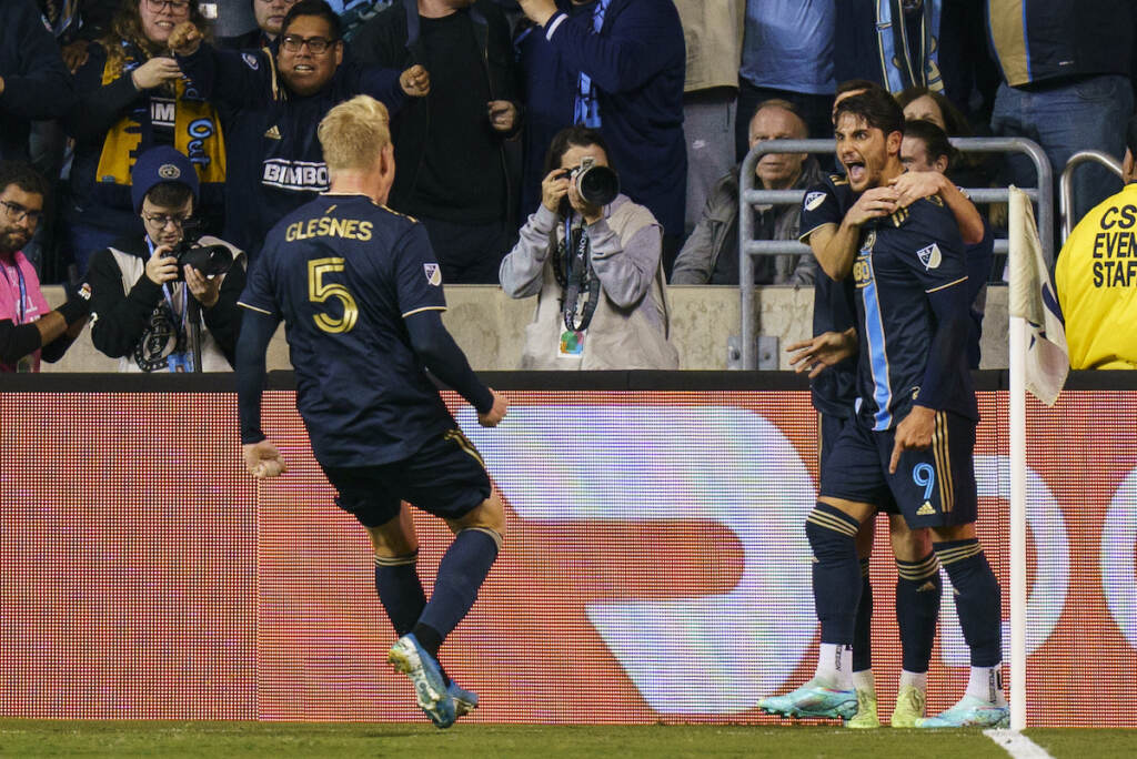 MLS NYCFC Union Soccer Philadelphia Union's Julian Carranza (9), right, celebrates with teammates after his goal during the second half of an MLS soccer match against New York City FC, Sunday, Oct. 30, 2022, in Chester, Pa. (AP Photo/Chris Szagola)