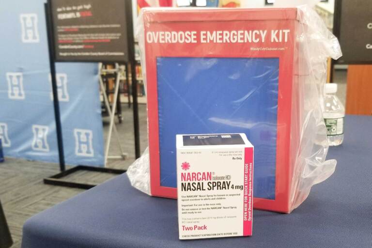 One of the new ''naloxboxes,'' an emergency kit with multiple doses of naloxone, the opioid overdose reversal medication, at Highland Regional High School in Blackwood, NJ. (Nicole Leonard/WHYY)