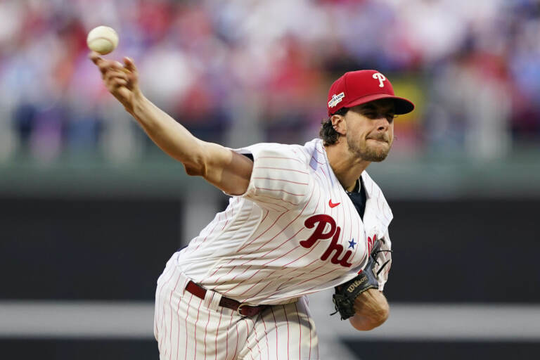 Aaron Nola throws a pitch during a Phillies game