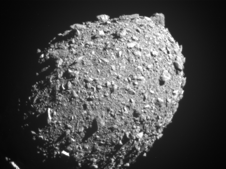 Asteroid moonlet Dimorphos as seen by the DART spacecraft 11 seconds before impact. (NASA/Johns Hopkins APL)