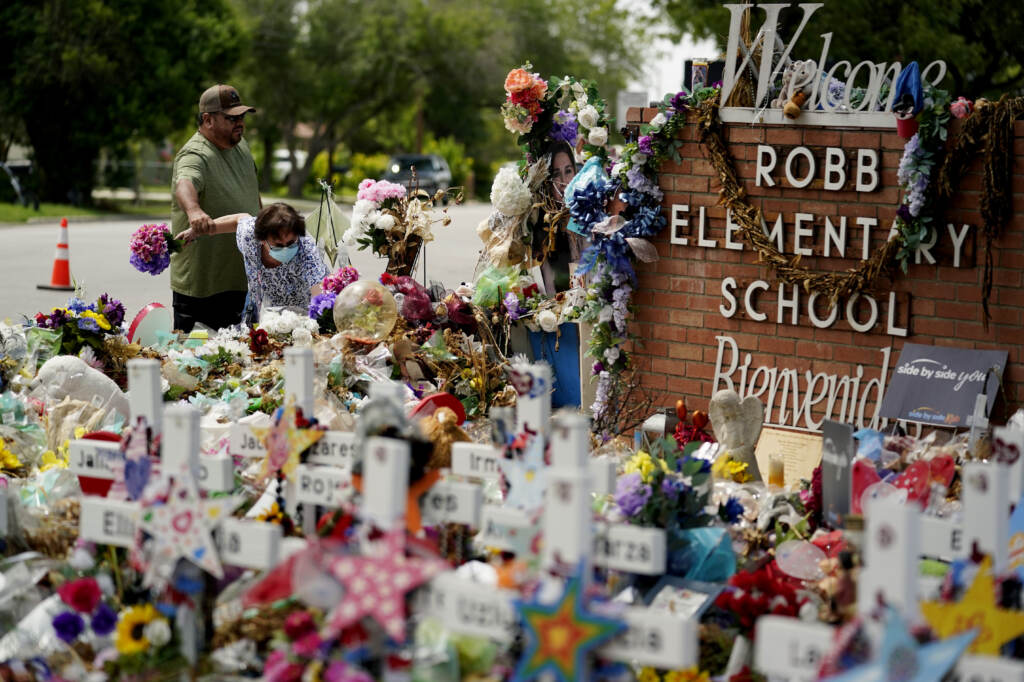 A memorial honoring the school shooting victims at Robb Elementary is seen on July 12 in Uvalde, Texas. (Eric Gay/AP)