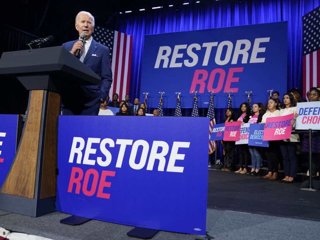 President Joe Biden speaks about abortion access during a Democratic National Committee event at the Howard Theatre in Washington, D.C., on Oct. 18. President Joe Biden speaks about abortion access during a Democratic National Committee event at the Howard Theatre in Washington, D.C., on Oct. 18. (Evan Vucci/AP)