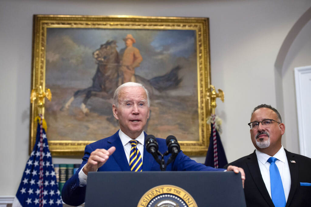 President Biden Delivers Remarks On Student-Debt Relief Biden speaks at the podium.