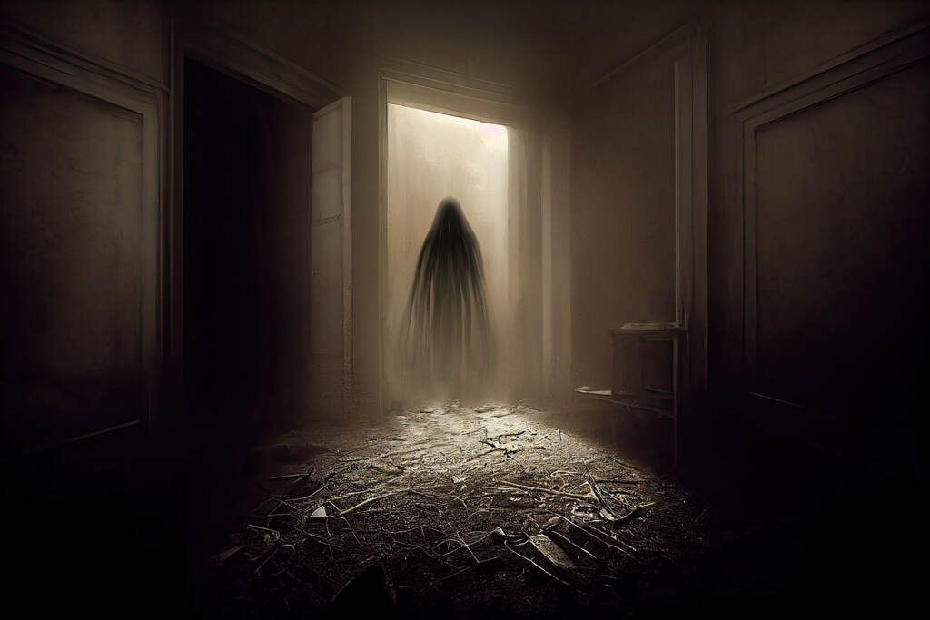 Dark Ghostly Figure In A Doorway In Abandoned Room, Creepy Haunt Dark ghostly figure in a doorway in abandoned room. Sepia toned, 3D digital illustration