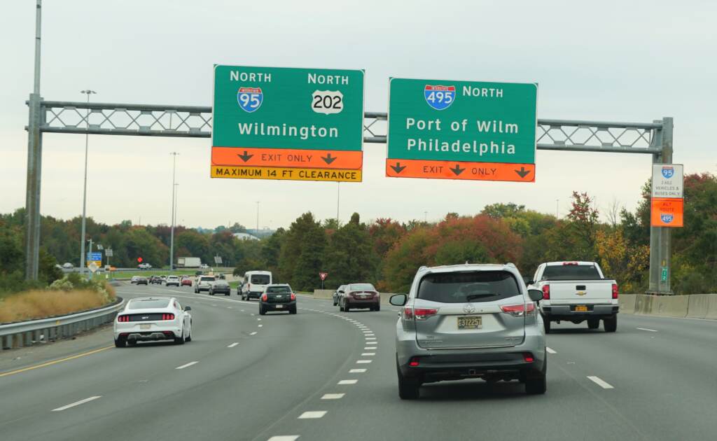 Wilmington, Delaware, U.s.a – October 22, 2021 – Highway Signs O Highway signs on Interstate 95, Route 202 and Interstate 495 splits in Wilmington, Del. (Khairil A Junos/ BigStock)
