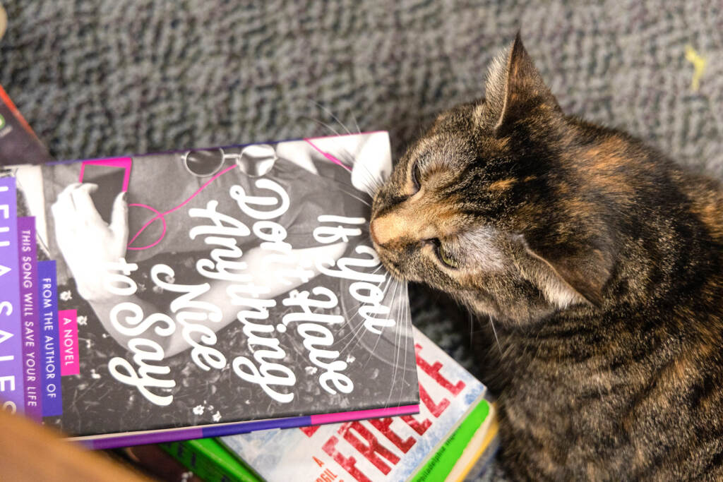 bookstorecats-lastword-02 A cat puts her head on top of a stack of books.