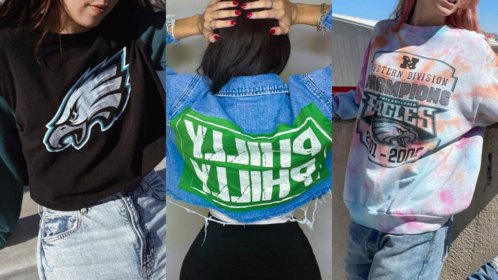 eaglesgear-thrift-instagram-fashion Some of the offerings from (left to right) Snipteez, DevineSportsWear, and 215 Upcycled. (@snipteez, @devinesportswear, @215upcycled/Instagram)