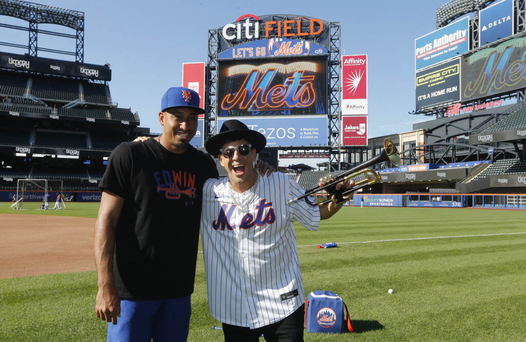Edwin Diaz of the New York Mets and musician Timmy Trumpet pose for a photo before a game between the Mets and the Los Angeles Dodgers at Citi Field in New York City on Aug. 30. Edwin Diaz of the New York Mets and musician Timmy Trumpet pose for a photo before a game between the Mets and the Los Angeles Dodgers at Citi Field in New York City on Aug. 30. (Jim McIsaac/Getty Images)
