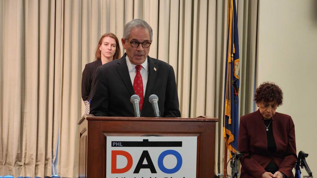 krasner-10-17-22 DA Larry Krasner speaks at a podium.