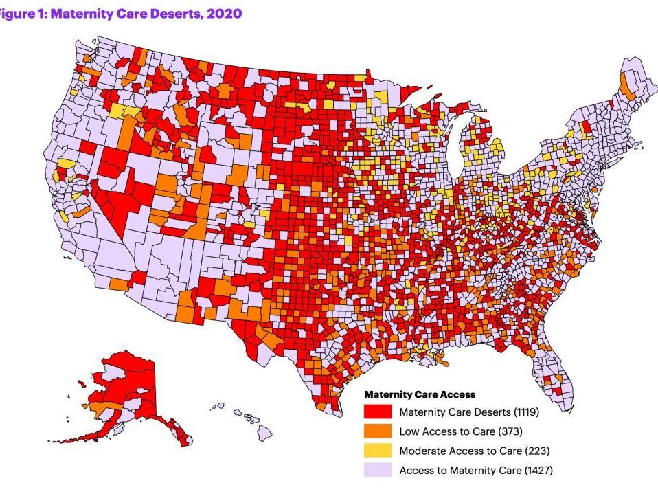 This map from the nonprofit March of Dimes shows maternity care deserts across the U.S. in 2020. This map from the nonprofit March of Dimes shows maternity care deserts across the U.S. in 2020. (March of Dimes/US Health Resources and Services Administration.)