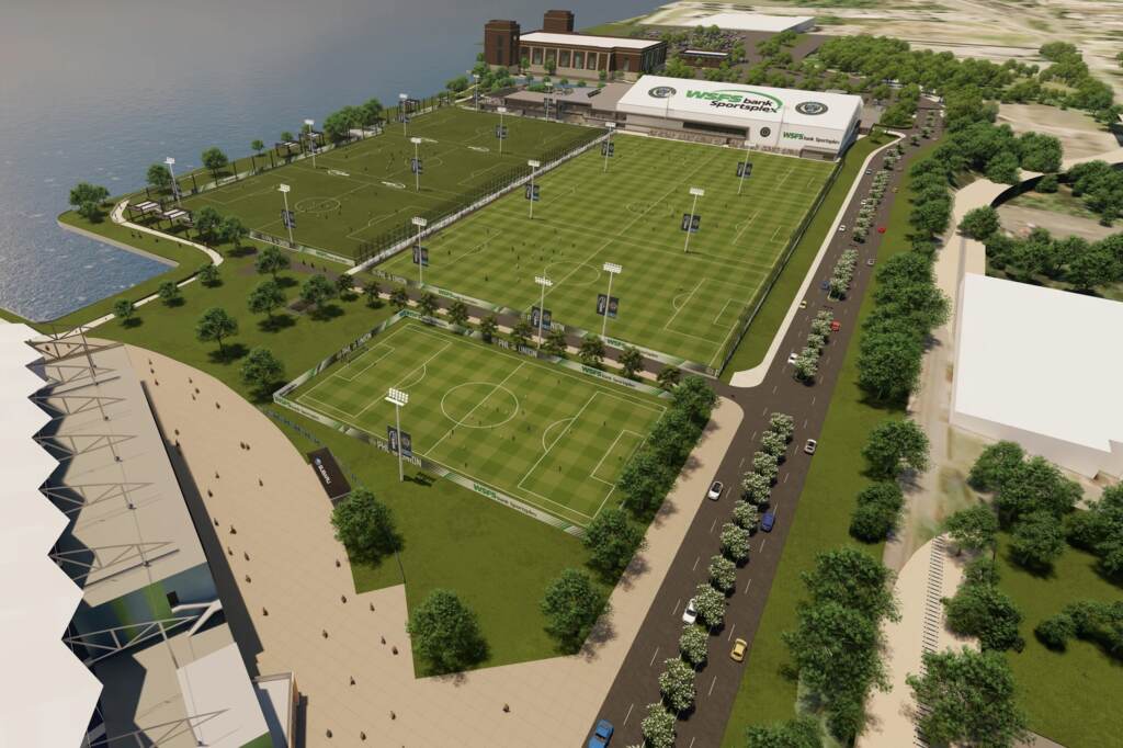 onrzf5ie4idpl4fojnny A rendering of the Philadelphia Union's WSFS Bank Sportsplex, viewed from Subaru Park. (OSPORTS)