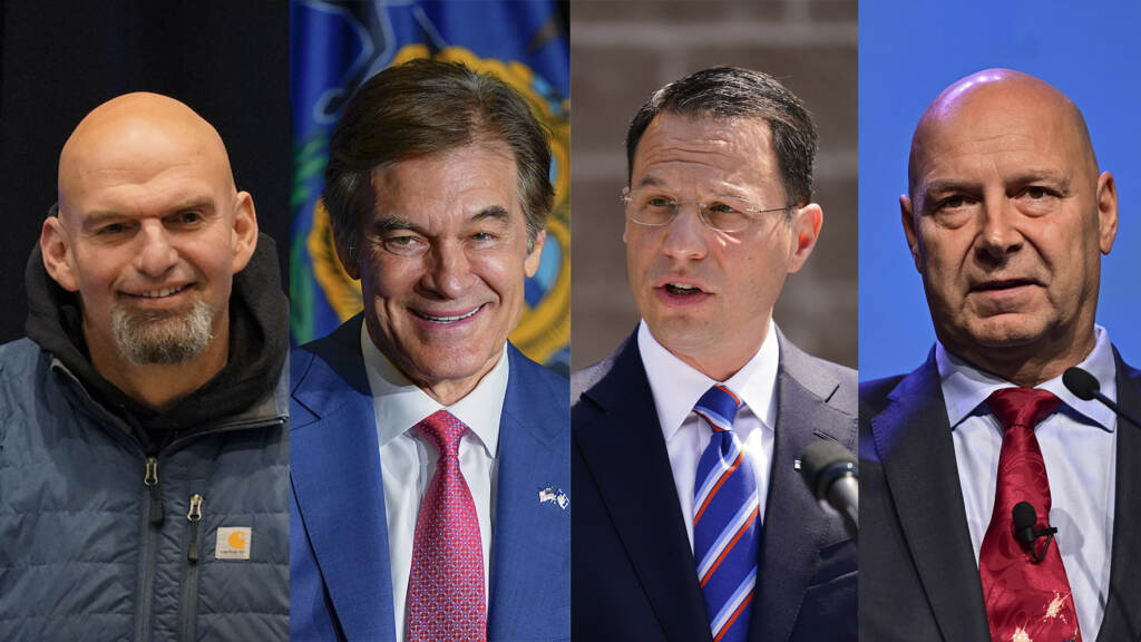 L to R: Senate candidates John Fetterman (Democrat) and Mehmet Oz (Republican); Gubernatorial candidates Josh Shapiro (Democrat) and Doug Mastriano (Republican) AP PHOTO