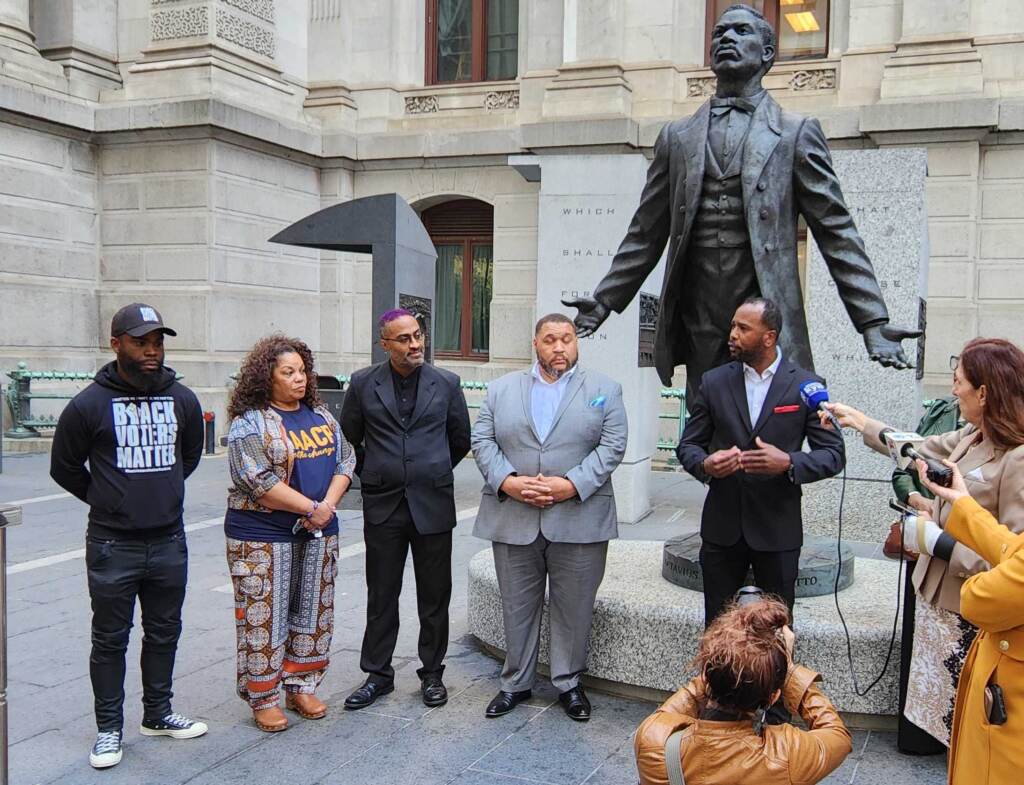 pa-voting-rights-incarceration People gather around the Octavius Catto statue outside of City Hall.