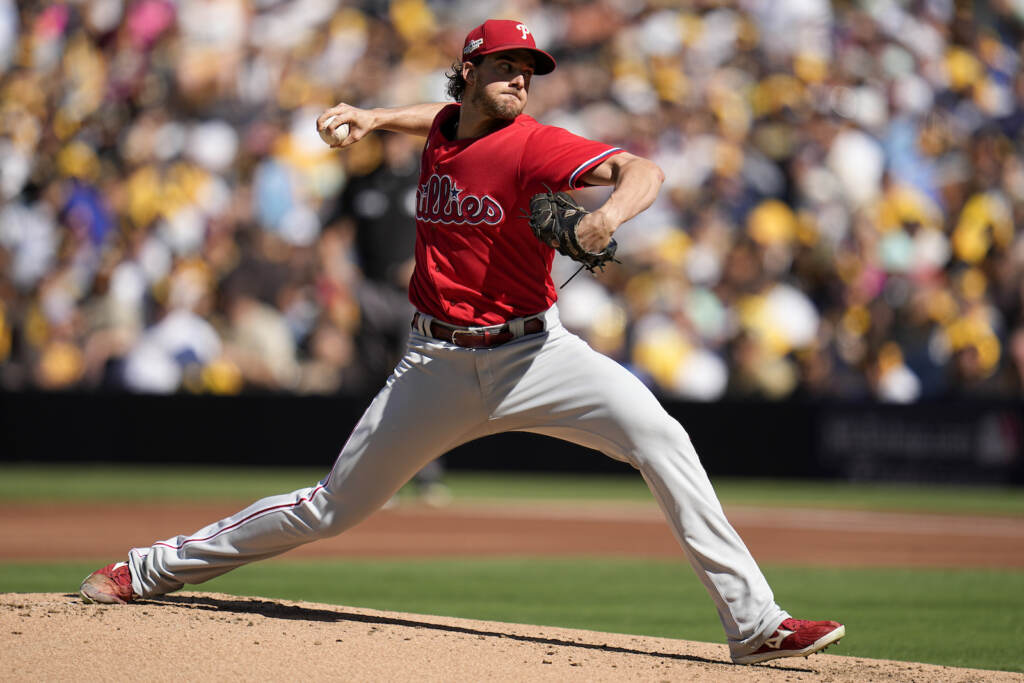NLCS Phillies Padres Baseball Aaron Nola throws a pitch during the NLCS