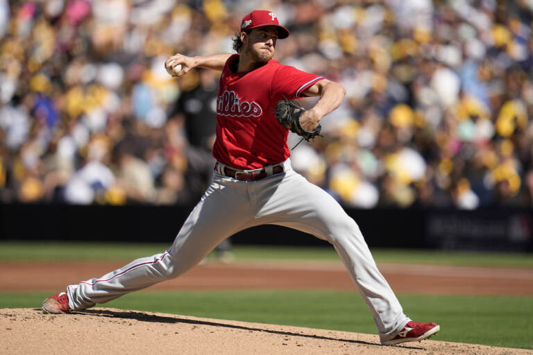 Aaron Nola throws a pitch during the NLCS