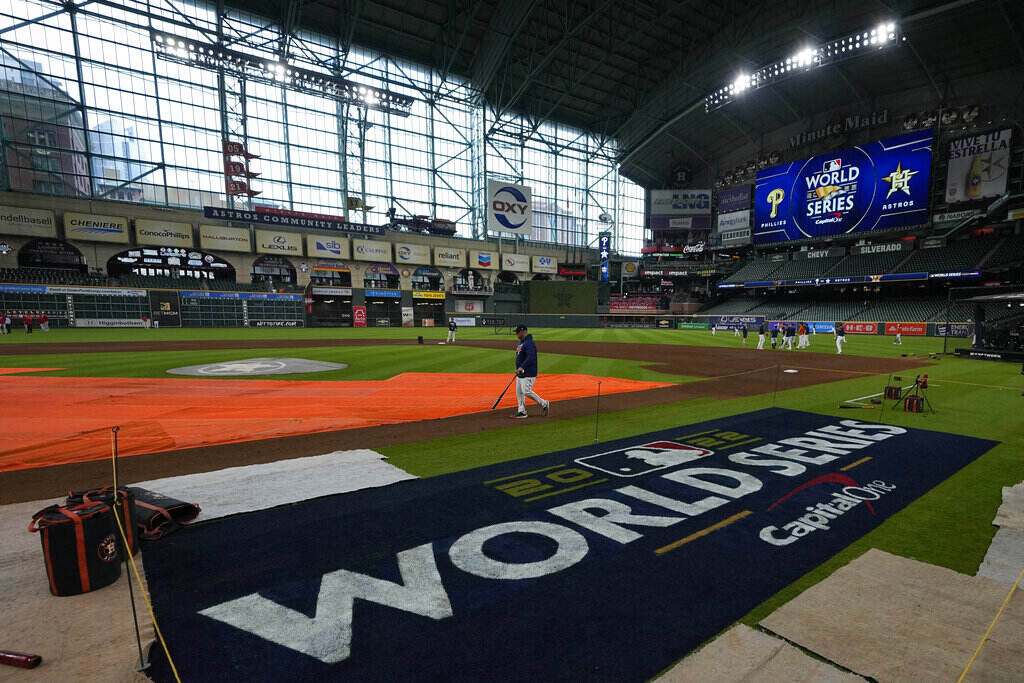 World Series Phillies Astros Baseball A close-up of the World Series 2022 sign on the baseball field at Minute Maid Park in Houston.
