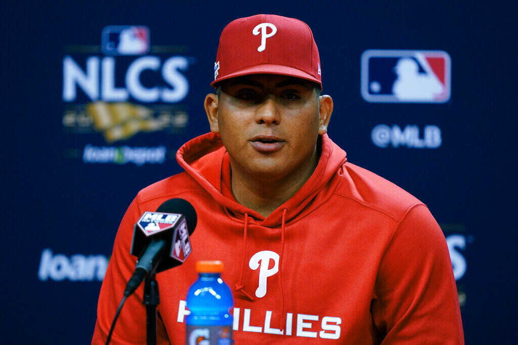 NLCS Padres Phillies Baseball Phillies player Ranger Suarez speaks at a press conference.