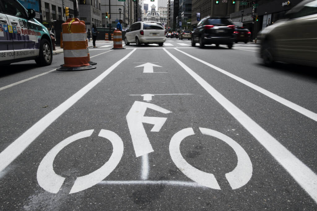 Buttigieg Infrastructure A bicycle lane along Market Street in Philadelphia.