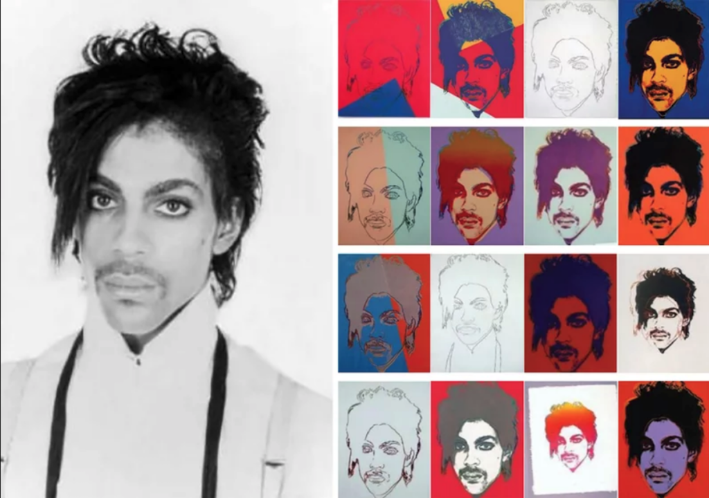 prince-andy-warhol-scotus A portrait of Prince taken by Lynn Goldsmith (left) in 1981 and 16 silk-screened images Andy Warhol later created using the photo as a reference. A Federal District Court judge found that Warhol's series is 'transformative' because it conveys a different message from the original, and thus is fair use. A Second Circuit Court of Appeals panel disagreed.
(Collection of the Supreme Court of the United States)