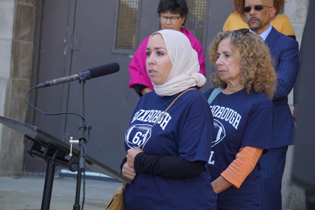 ssSTATE20 Meredith Elizalde pleads for the greater Philly community to be more proactive in combatting gun violence. (Sam Searles/WHYY)