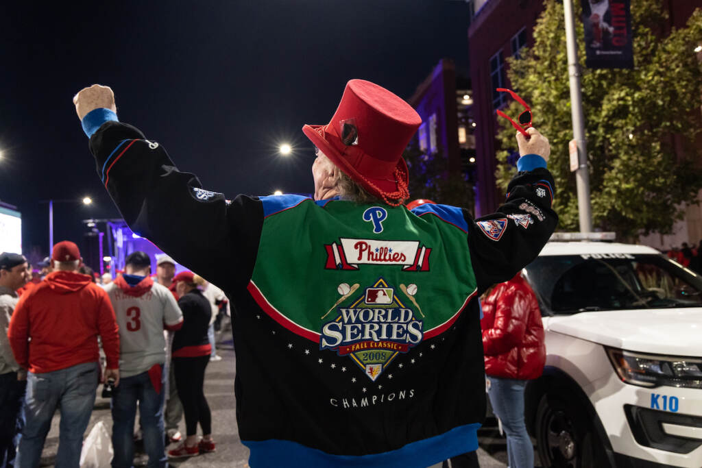11 1 2022 k paynter bruce goldman phillies world series game 3 Bruce Goldman, owner of the Masquerade costume store in South Philly, wore his custom 08’ World Series jacket for game 3 of the World Series at Citizens Bank Park on Nov. 1, 2022. (Kimberly Paynter/WHYY)