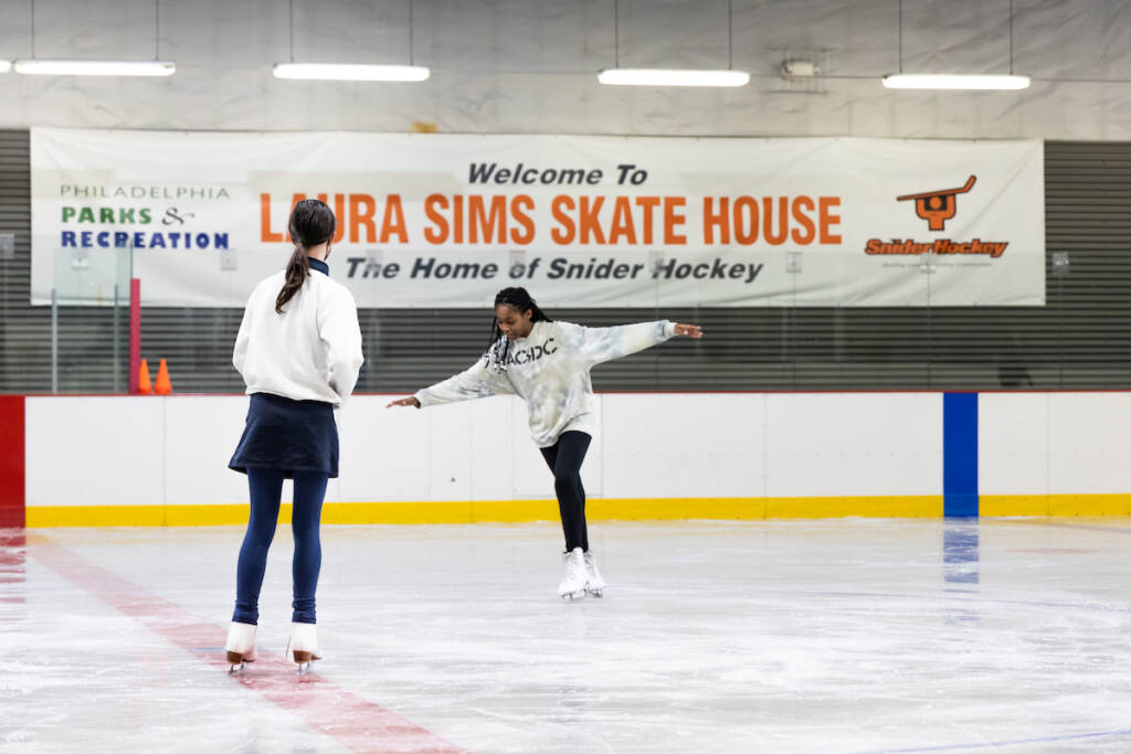 11 10 2022 k paynter laura sims skate house_-2 Gwendolyn Roth, 12, (left) and Keyara Cottrell, 14, are students in Laura Sims Skate House’s Wednesday Advanced Skills skating class. (Kimberly Paynter/WHYY)