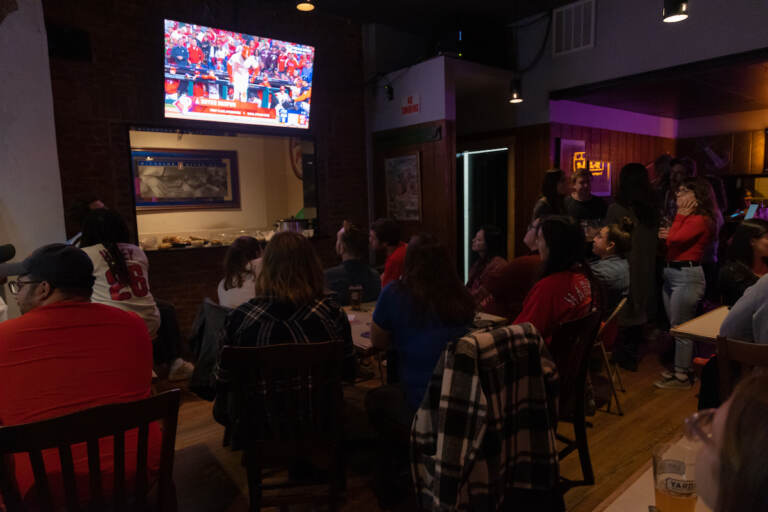 The Fishtown Neighbors Association hosted a World Series game 4 watch party at the Starboard Tavern on Nov. 2, 2022. (Kimberly Paynter/WHYY)
