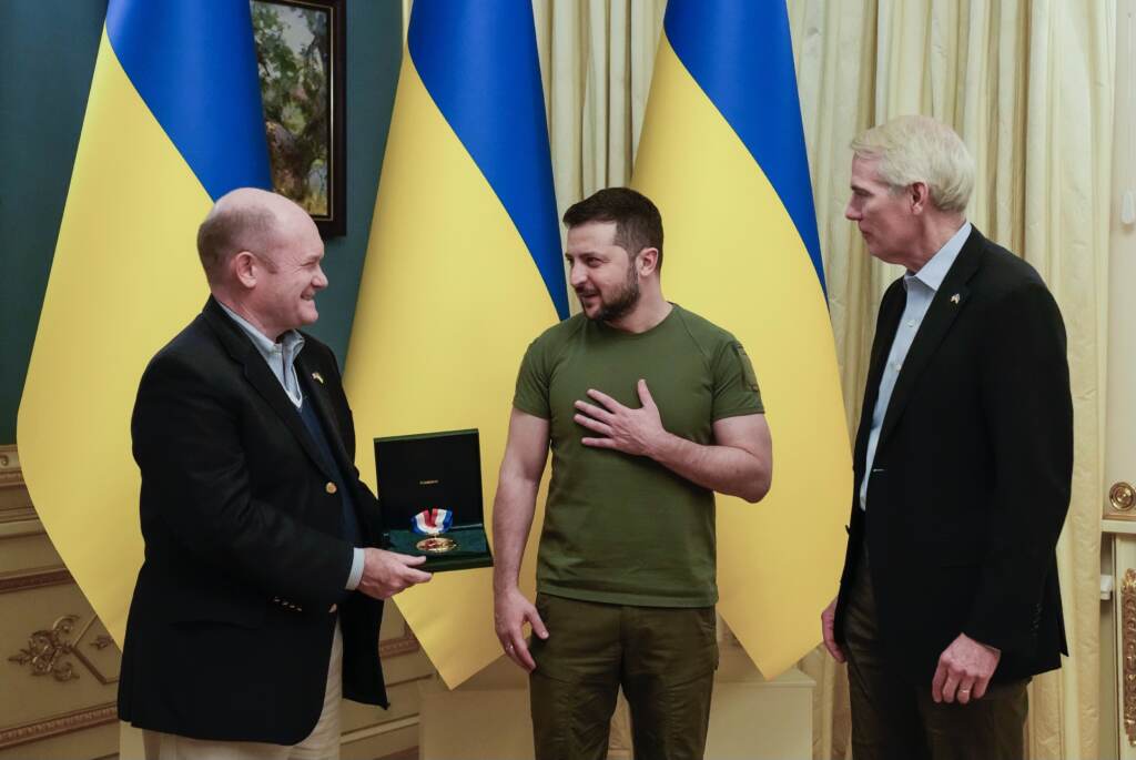 2022 LIBERTY MEDAL PRESENTATION Ukraine President Volodymyr Zelenskyy was delivered the 2022 Liberty Medal by U.S. Senators Chris Coons and Rob Portman during a visit to Kiev. (Courtesy of the National Constitution Center)