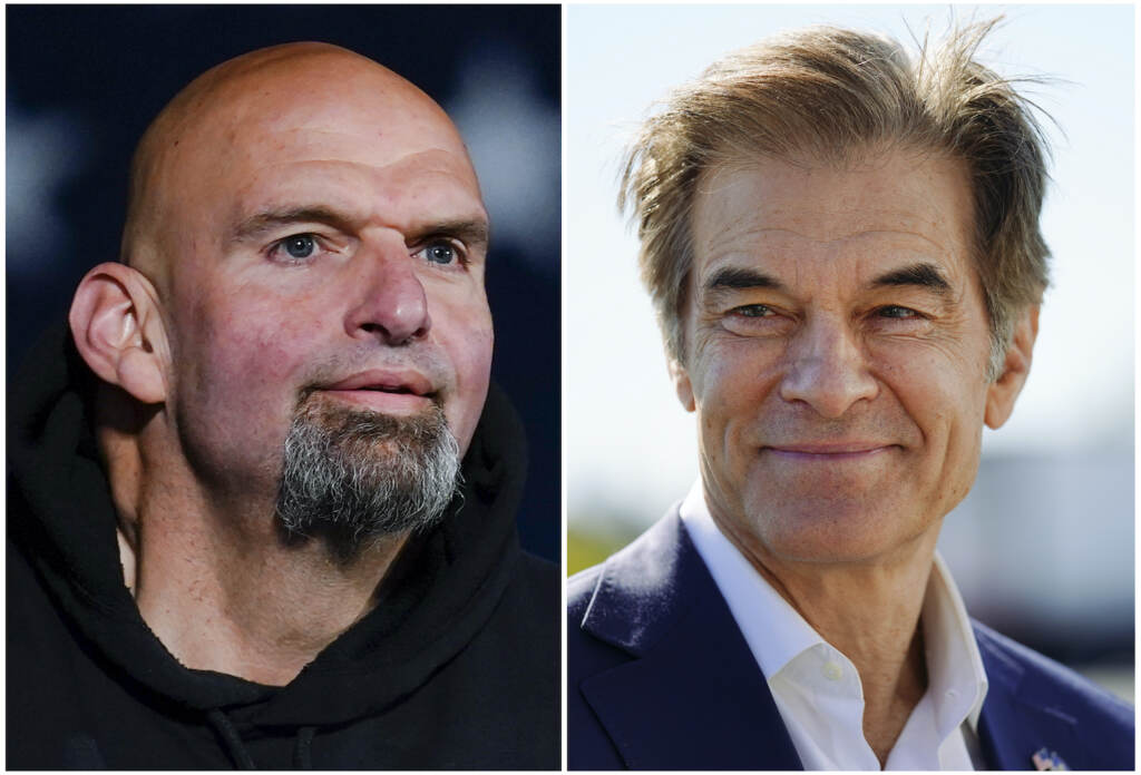 Election 2022 Pennsylvania Senate This combination of photos shows Pennsylvania Lt. Gov. John Fetterman, a Democratic candidate for U.S. Senate, Oct. 8, 2022, in York, Pa., left, and Mehmet Oz, a Republican candidate for U.S. Senate, Sept. 23, 2022, in Allentown, Pa. (AP Photo/Matt Rourke, File)
