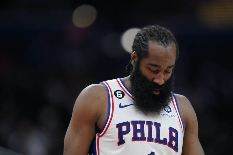 File photo: Philadelphia 76ers guard James Harden walks on the court in the first half of an NBA basketball game against the Washington Wizards, Monday, Oct. 31, 2022, in Washington. (AP Photo/Patrick Semansky)