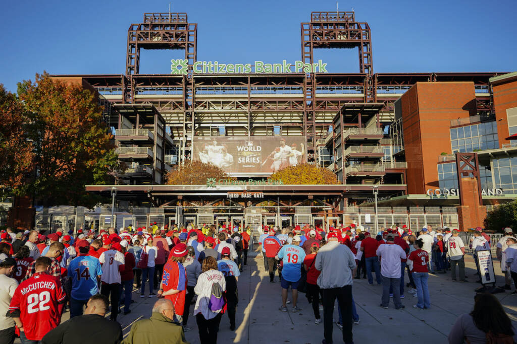 World Series Astros Phillies Baseball Fans arrive for Game 3 of baseball's World Series between the Houston Astros and the Philadelphia Phillies on Tuesday, Nov. 1, 2022, in Philadelphia. (AP Photo/Matt Rourke)