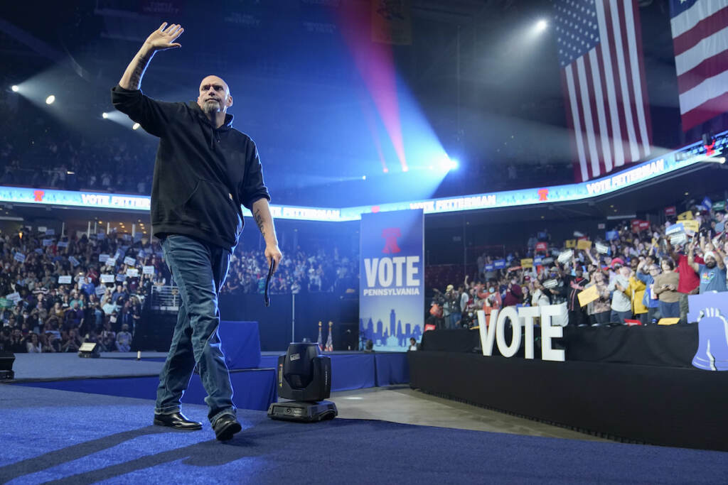 John Fetterman Democratic Senate candidate Lt. Gov. John Fetterman waves as he walks on stage during a campaign rally Saturday, Nov. 5, 2022, in Philadelphia. (AP Photo/Patrick Semansky)