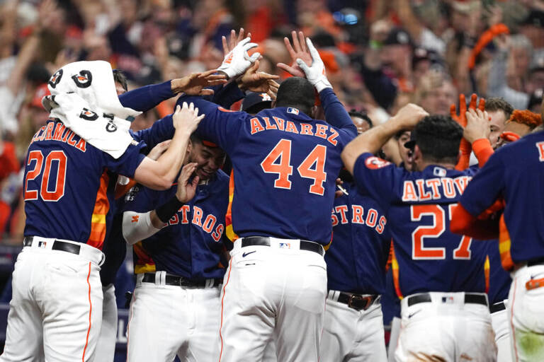 Houston Astros' Yordan Alvarez celebrates his three-run home run during the sixth inning in Game sixth of baseball's World Series between the Houston Astros and the Philadelphia Phillies on Saturday, Nov. 5, 2022, in Houston. (AP Photo/Tony Gutierrez)