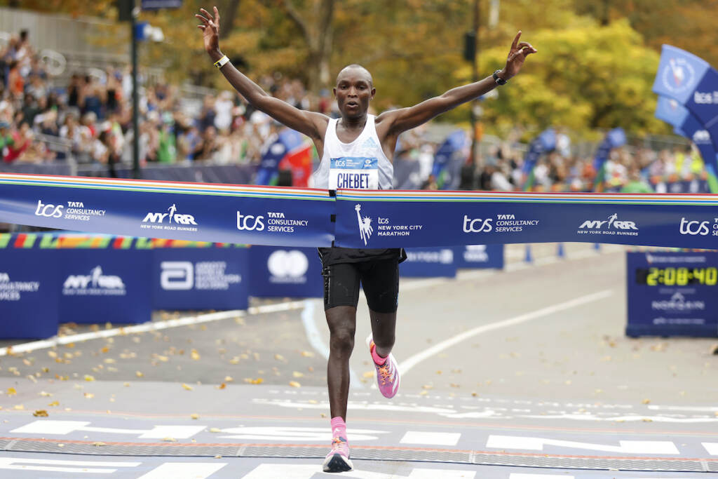 Evans Chebet Evans Chebet, of Kenya, crosses the finish line first in the men's division of the New York City Marathon, Sunday, Nov. 6, 2022, in New York. (AP Photo/Jason DeCrow)