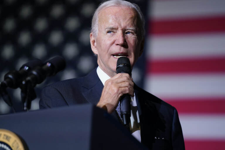 President Joe Biden speaks about student loan debt relief at Delaware State University, Friday, Oct. 21, 2022, in Dover, Del.  (AP Photo/Evan Vucci)