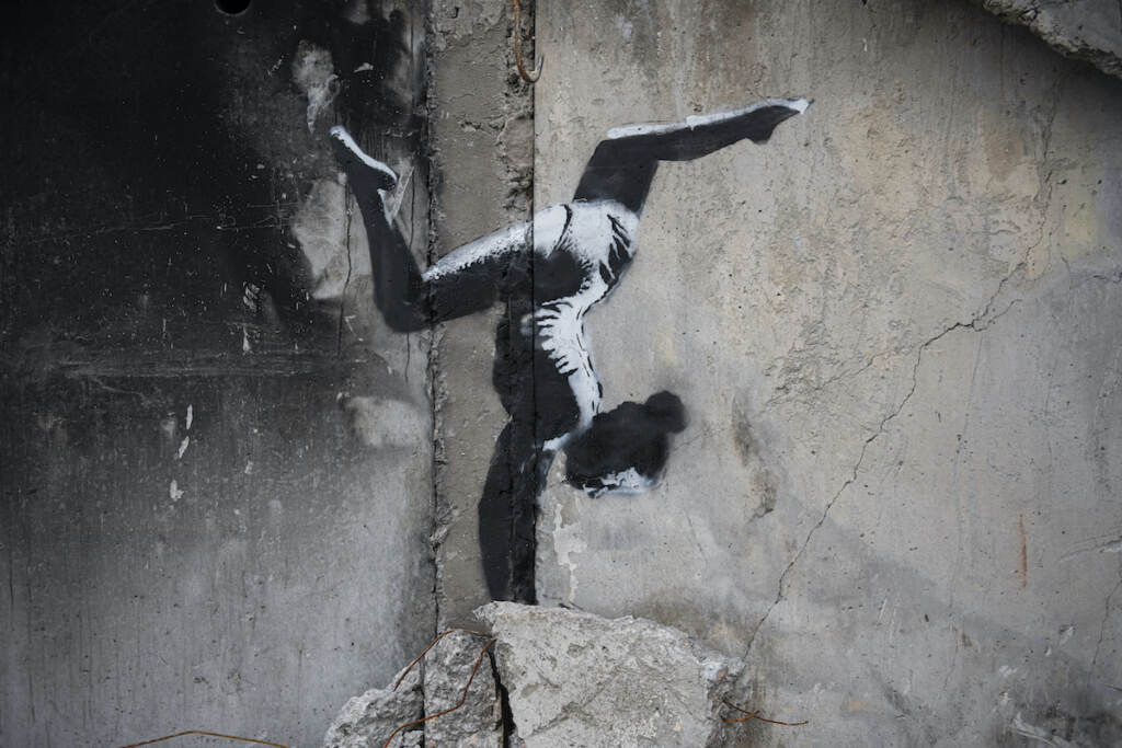 Russia Ukraine War Banksy An artwork by British street artist Banksy is seen on a destroyed by fightings building in Borodyanka, Kyiv region, Ukraine, Sunday, Nov. 13, 2022. (AP Photo/Andrew Kravchenko)