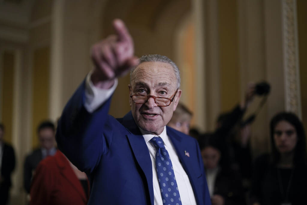 Chuck Schumer Senate Majority Leader Chuck Schumer, D-N.Y., speaks to reporters following a closed-door policy meeting on the Democrats' lame duck agenda, at the Capitol in Washington, Tuesday, Nov. 15, 2022. (AP Photo/J. Scott Applewhite)