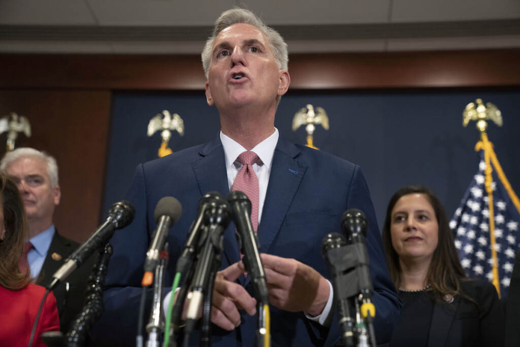 Kevin McCarthy, Elise Stefanik House Minority Leader Kevin McCarthy, of Calif., talks the media, Tuesday, Nov. 15, 2022, after voting on top House Republican leadership positions, on Capitol Hill in Washington. Rep. Elise Stefanik, R-N.Y., is at right. (AP Photo/Jacquelyn Martin)