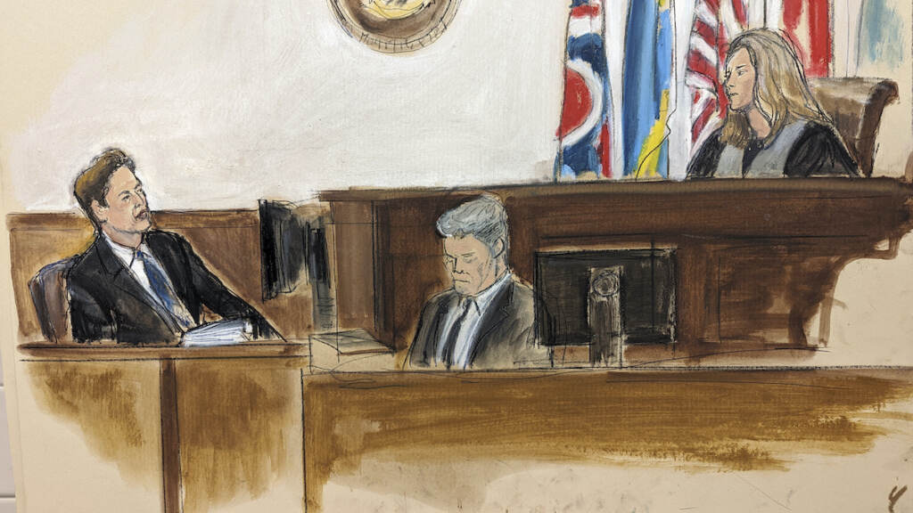 Tesla Musk Compensation Lawsuit In this courtroom sketch Tesla CEO Elon Musk (left) testifies before Chancellor Kathaleen McCormick (seated right) in a courtroom in Wilmington, Del. (Elizabeth Williams via AP)