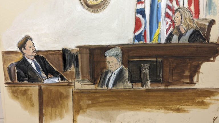 In this courtroom sketch Tesla CEO Elon Musk (left) testifies before Chancellor Kathaleen McCormick (seated right) in a courtroom in Wilmington, Del. (Elizabeth Williams via AP)
