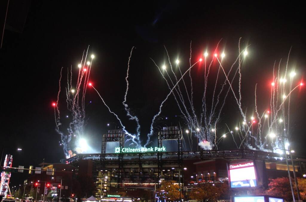 IMG_1140 crop Fireworks lit up the night sky as the National Anthem was performed at Citizens Bank Park on Nov. 3, 2022. (Cory Sharber/WHYY)