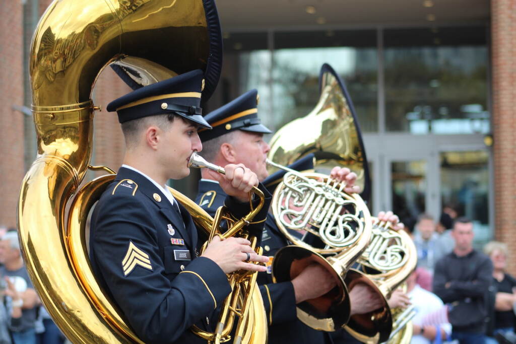 IMG_1292 Marching bands including brass sections and bagpipes could be seen at the 2022 Philadelphia Veterans Parade. (Cory Sharber/WHYY)